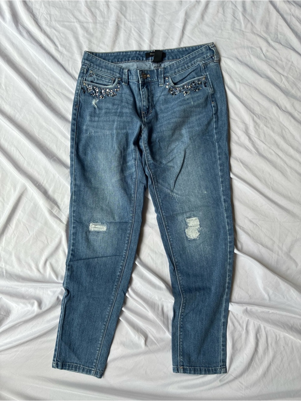 White House Black Market Distressed Blue Jeans with Embellishments